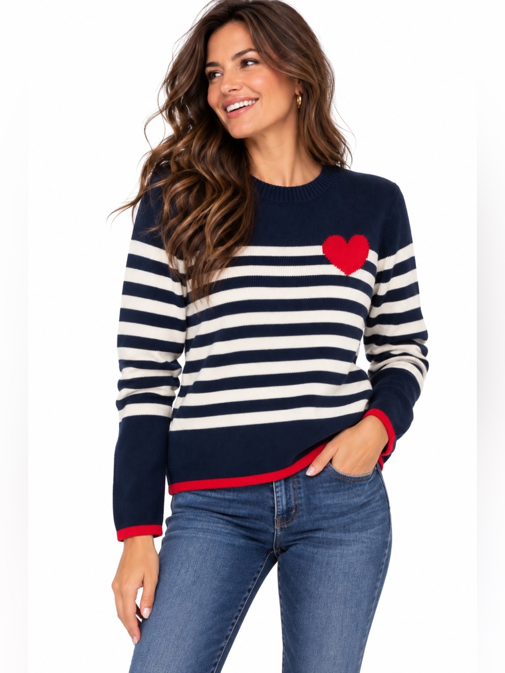 St. John's Bay Navy White & Red Striped Heart Crewneck Sweater 60% Cotton Size M